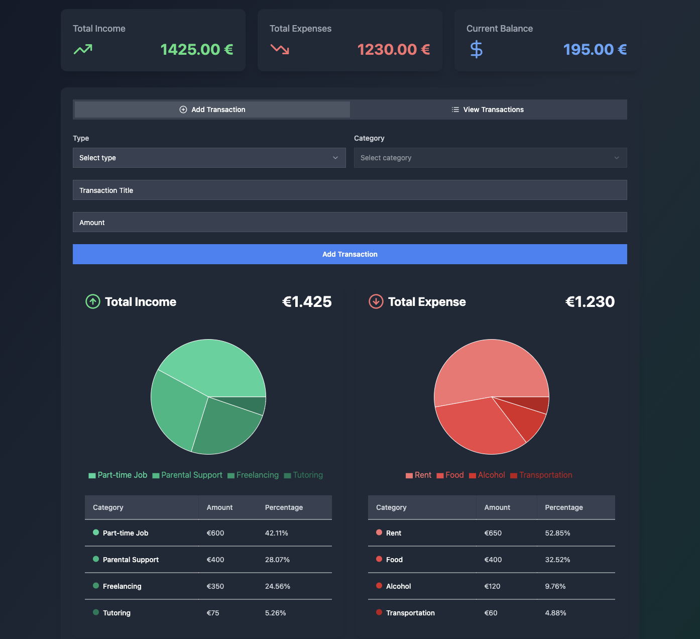 UniCash app screenshot - Dark Mode